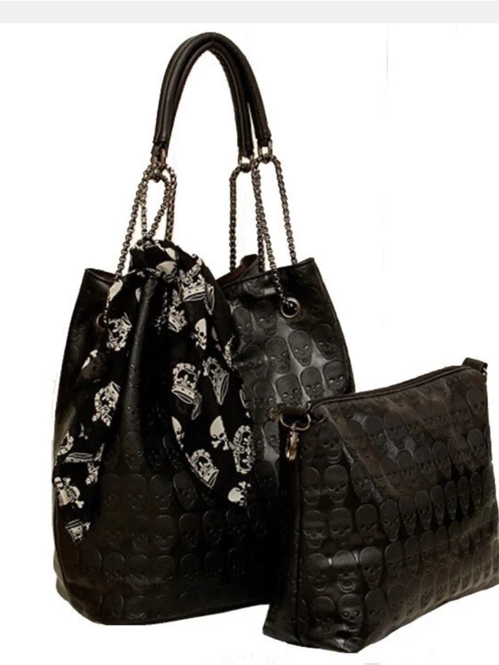 American Skulls Skull Bucket Bag And Pouch Set Black Chain Strap Goth Y2K